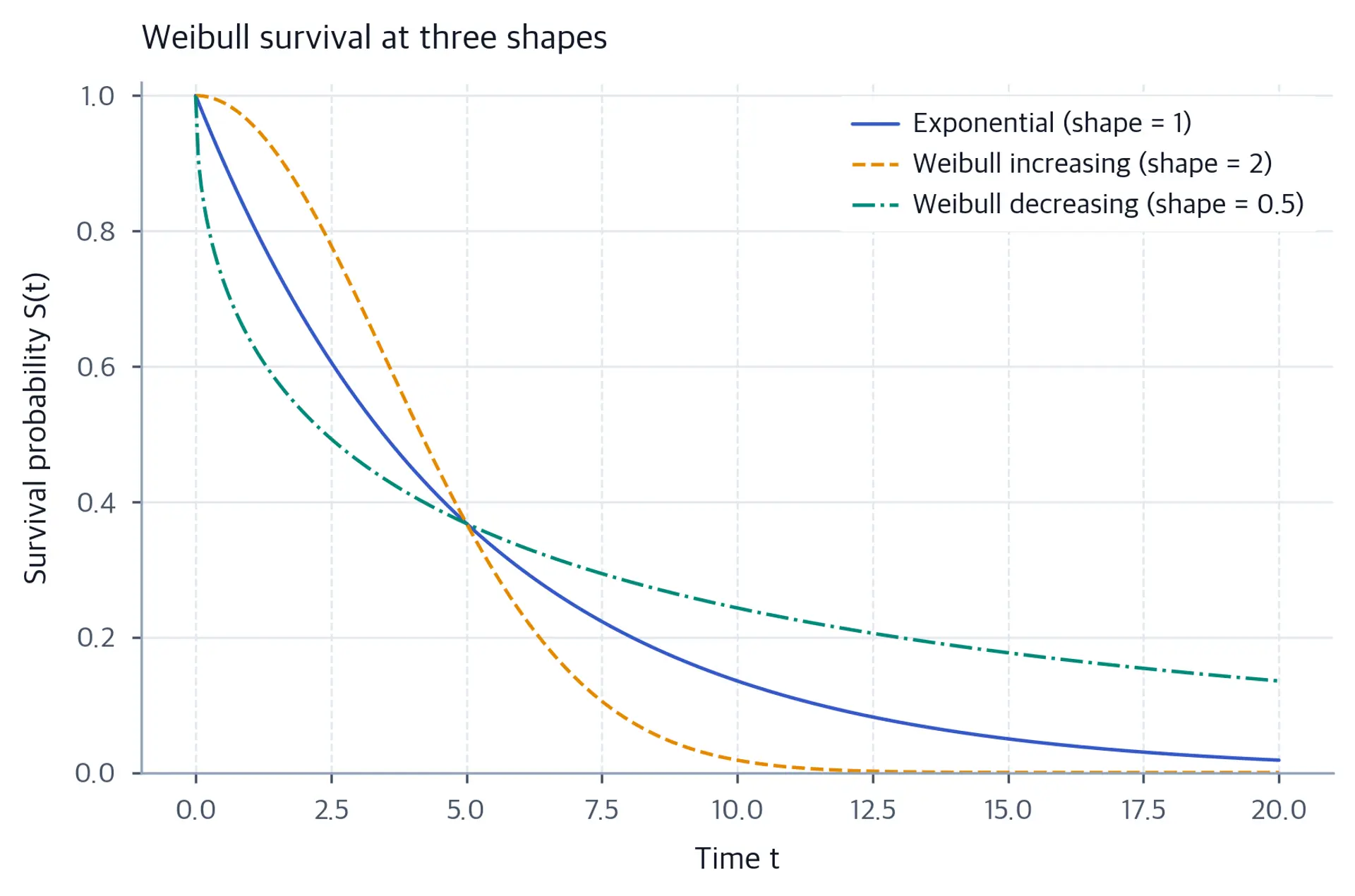 Three decreasing curves start at one and cross at time 5. The shape-0.5 curve is steepest near zero and lies highest after the crossing; the shape-2 curve lies highest before the crossing and lowest afterward.