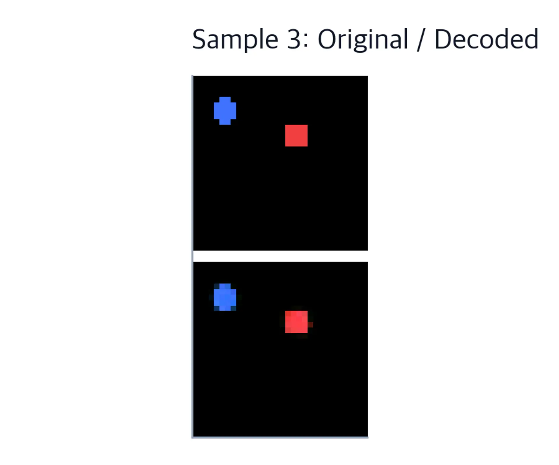 Sample three original red-key and blue-cursor scene above the decoded approximation.