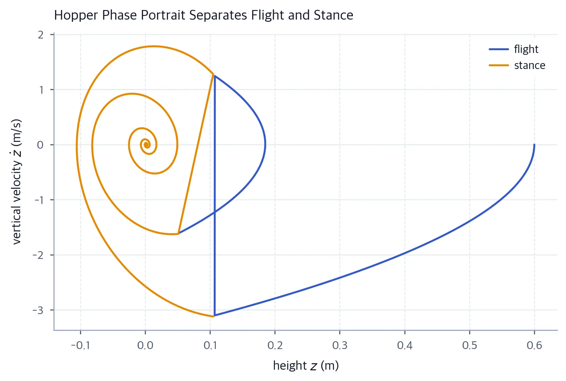 Phase portrait of hopper height versus vertical velocity split by flight and stance.