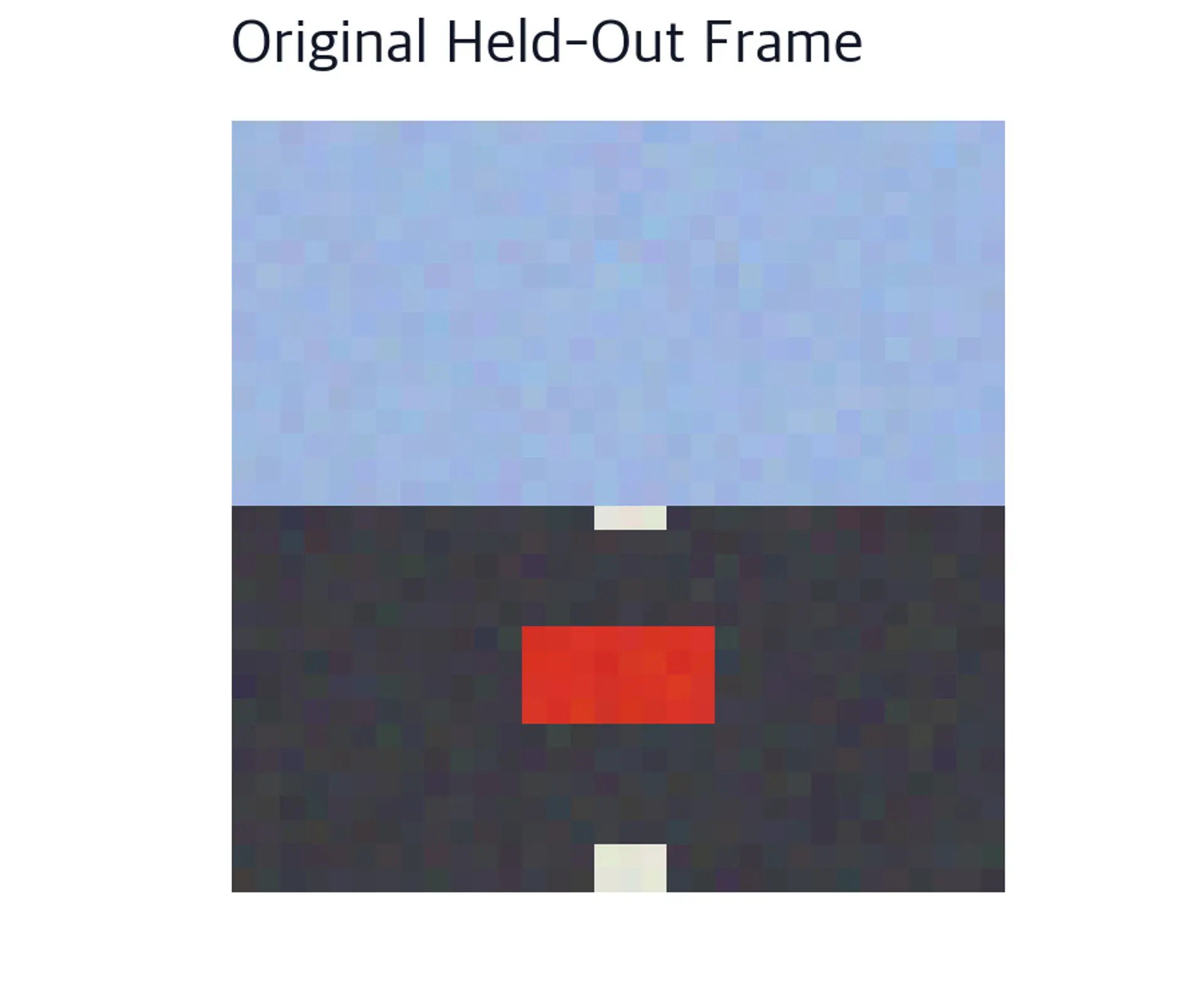 Small synthetic driving frame showing sky, road, lane marker and a red lead vehicle.
