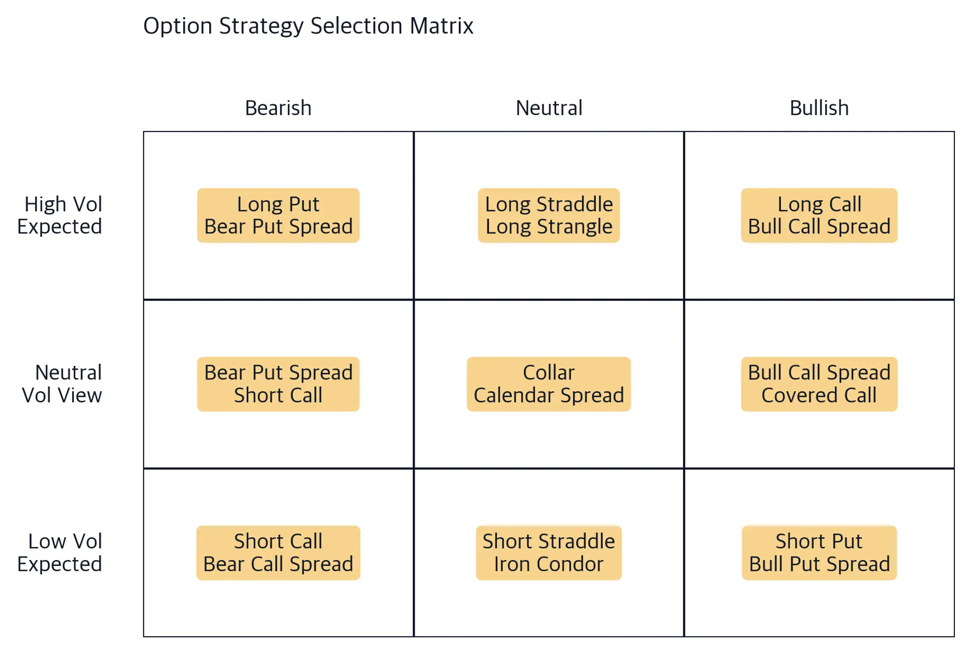 Three-by-three grid matrix mapping option strategies to nine combinations of directional view (bearish, neutral, bullish) and volatility expectation (high, neutral, low), with each cell listing relevant strategy names.