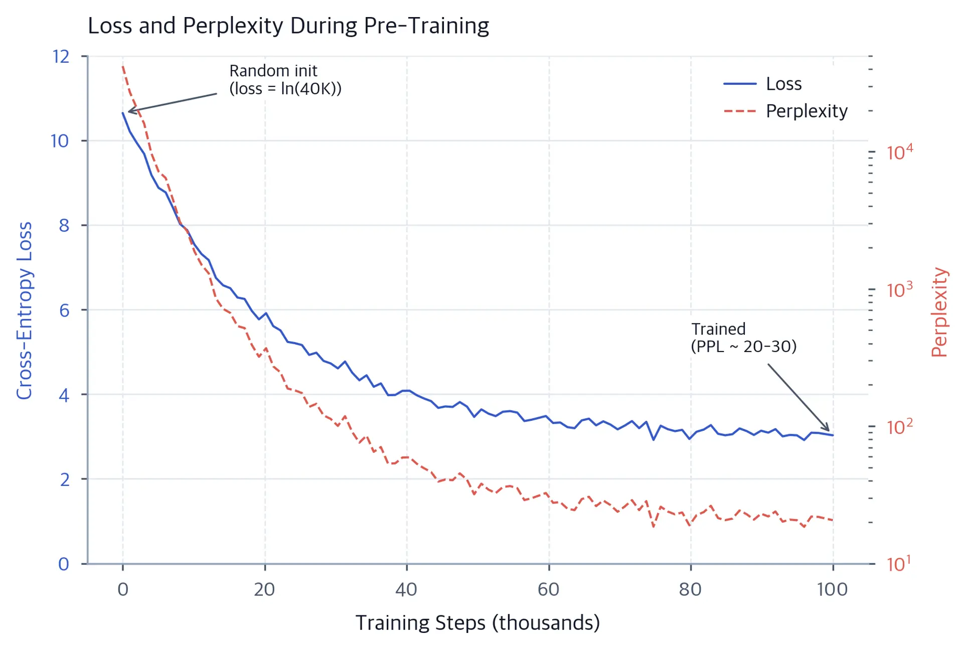 Dual-axis line plot showing loss decreasing and perplexity decreasing during training.