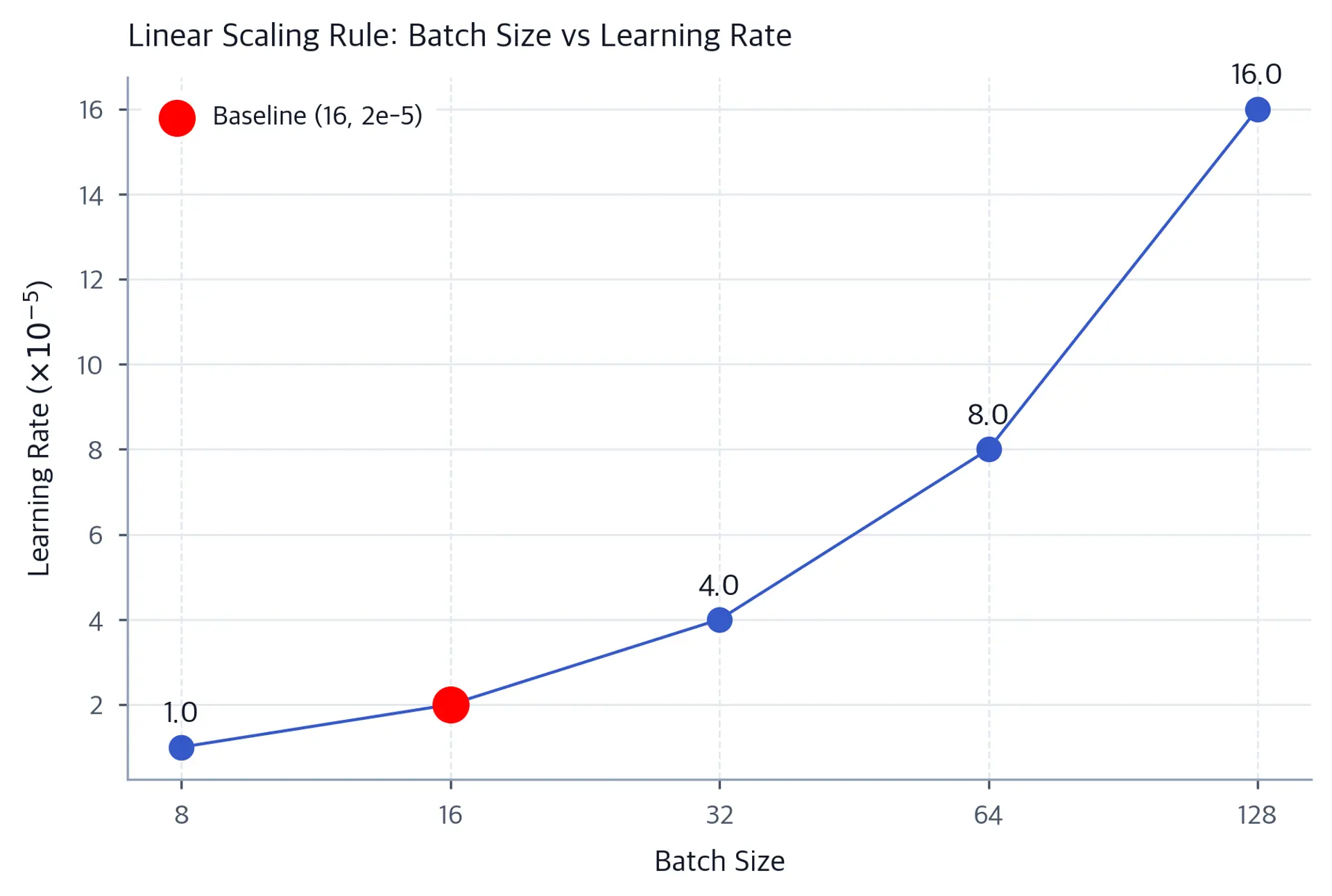Line plot showing learning rate increasing linearly with batch size, with baseline point highlighted at batch size 16.