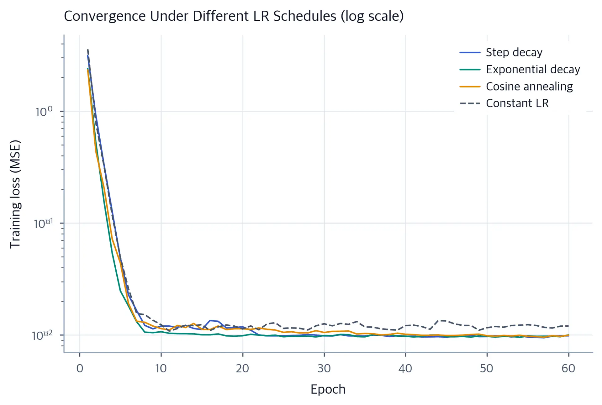 Line plot comparing training loss over 60 epochs for step, exponential, cosine, and constant learning rate schedules.