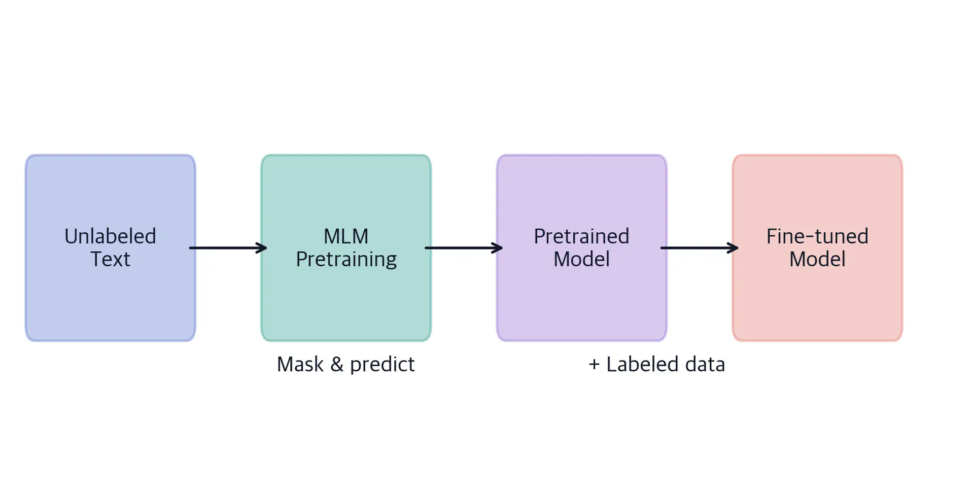 Flow diagram showing pretraining on unlabeled data, then fine-tuning on labeled data for classification.