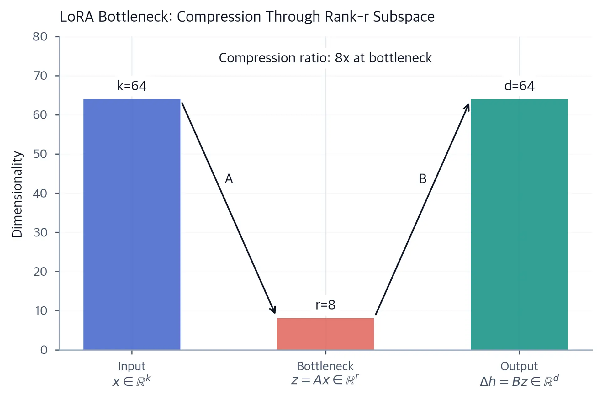 Bar chart showing dimensionality at three stages: input at 64 dimensions, bottleneck at 8 dimensions, and output at 64 dimensions, with arrows labeled A and B illustrating LoRA''s compression and expansion flow.