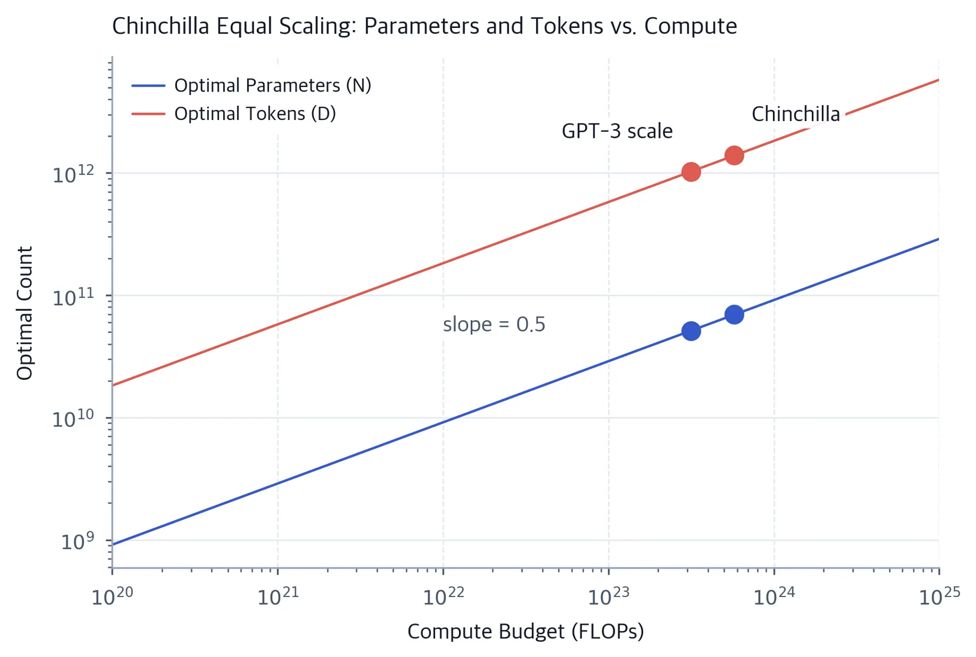 Log-log plot showing optimal parameters and tokens both scaling with compute to the 0.5 power.