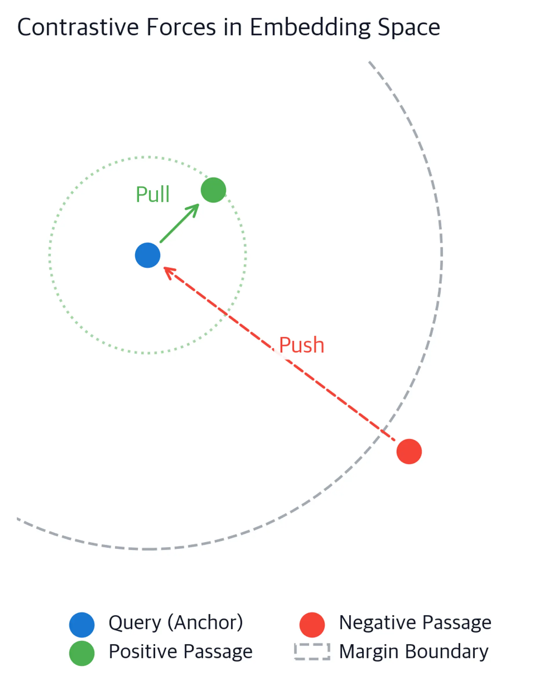 2D scatter plot showing a query anchor point with a green arrow pulling it toward a positive passage and a red dashed arrow pushing it away from a negative passage, with concentric circles illustrating the margin boundary.