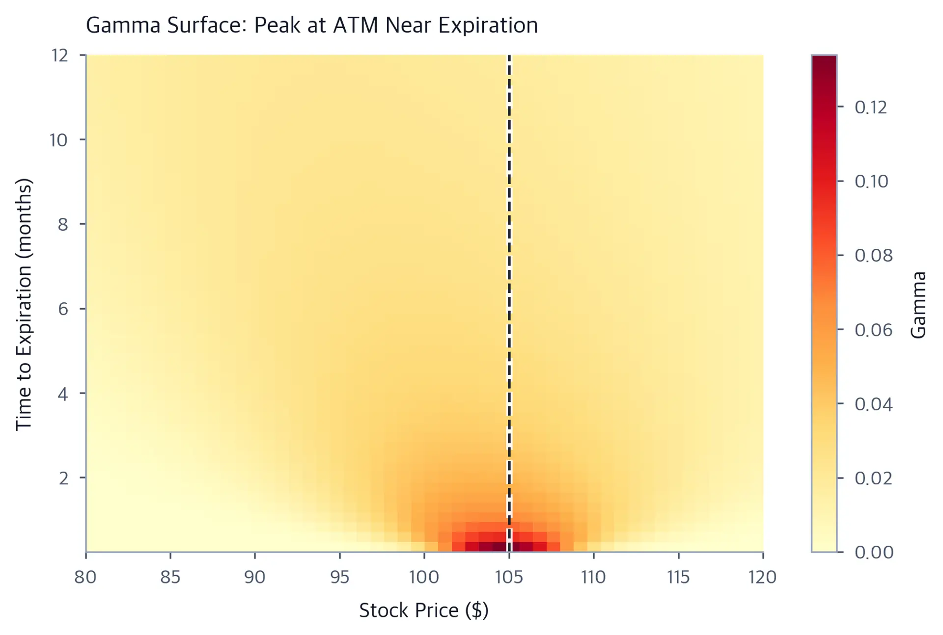 Heatmap of gamma sampled at stock prices from 80 to 120 and remaining maturities from 0.24 to 12 months. The strongest values occur near the 105-dollar strike at short maturities, with lower values farther from that region.