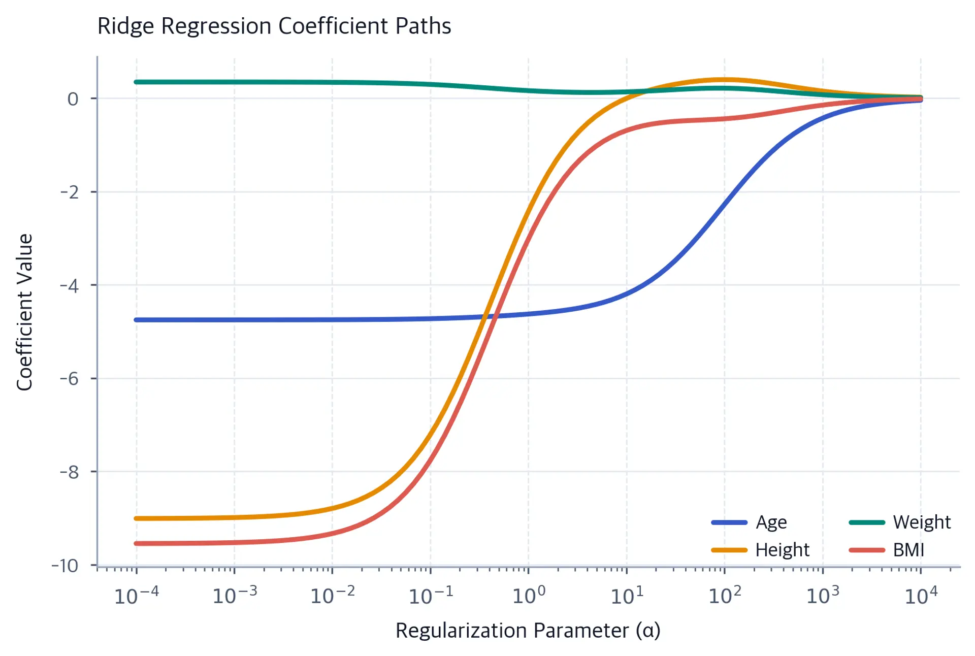 Line plot showing ridge regression coefficient paths for age, height, weight, and BMI variables as alpha increases on a logarithmic scale.