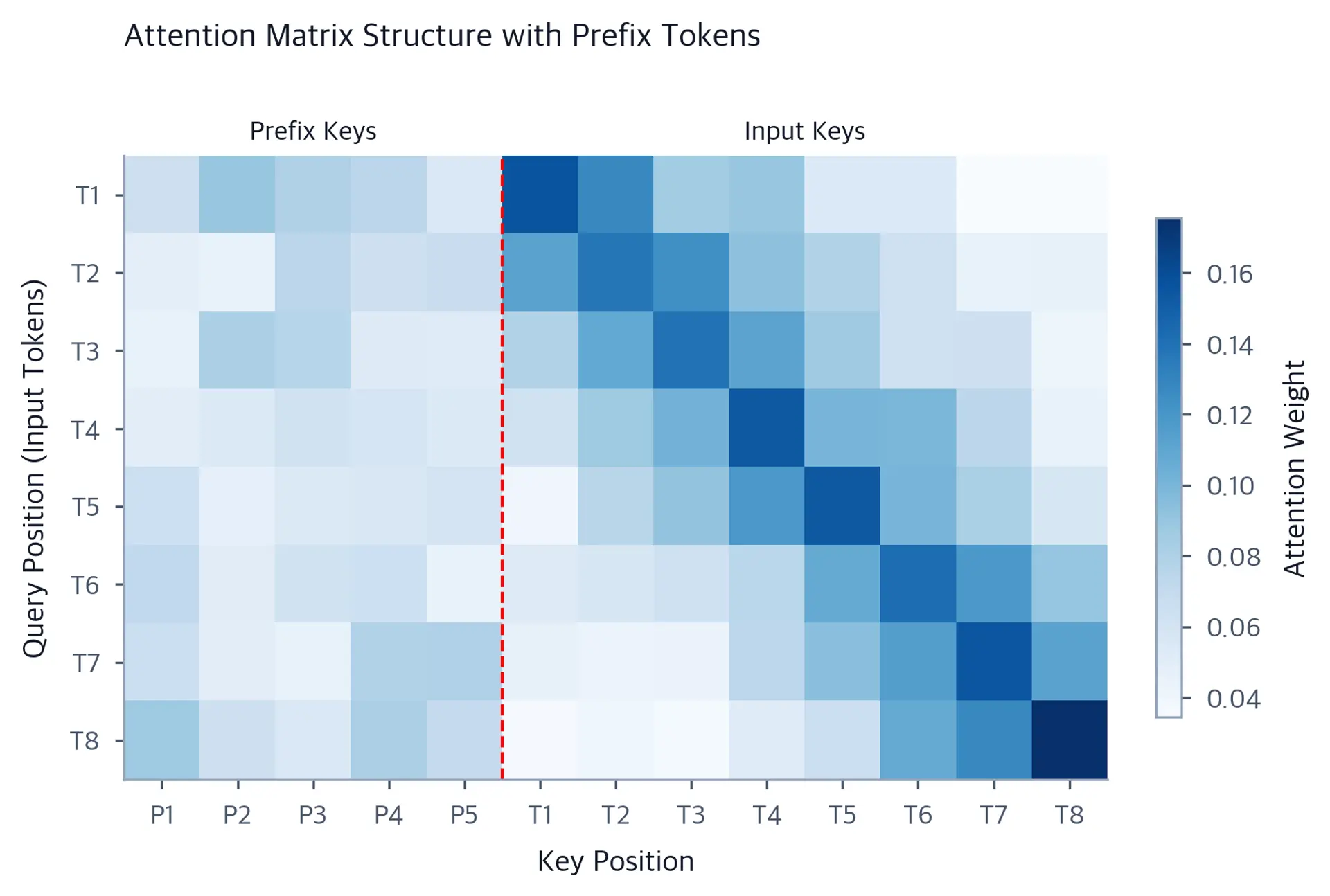Heatmap of an attention matrix where 8 query positions (rows T1-T8) attend over 13 key positions (columns P1-P5 for prefix tokens and T1-T8 for input tokens), separated by a red dashed line, with labeled annotation boxes for prefix and input key regions.