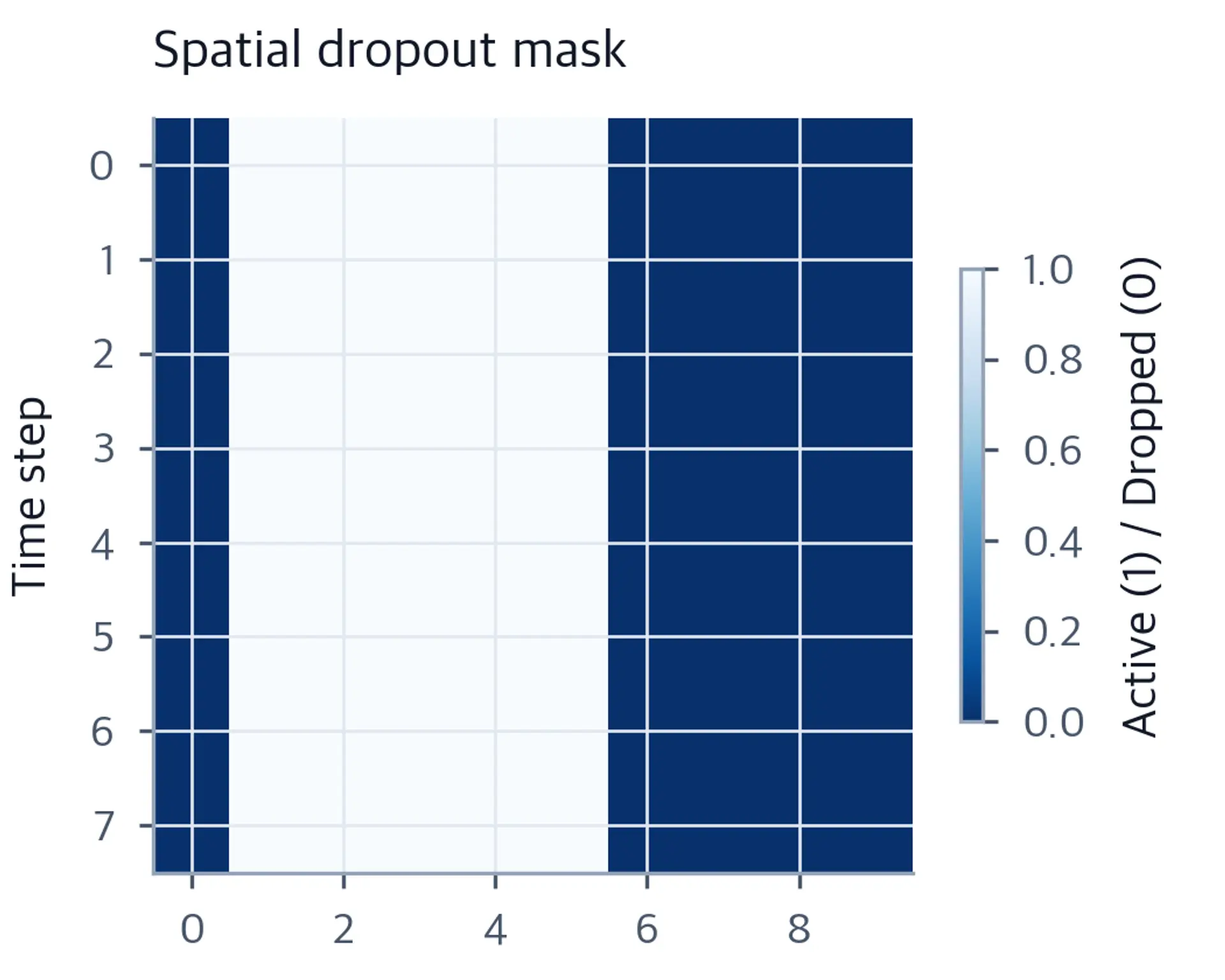 Heatmap of spatial dropout mask showing consistent column-wise dropout across all time steps.