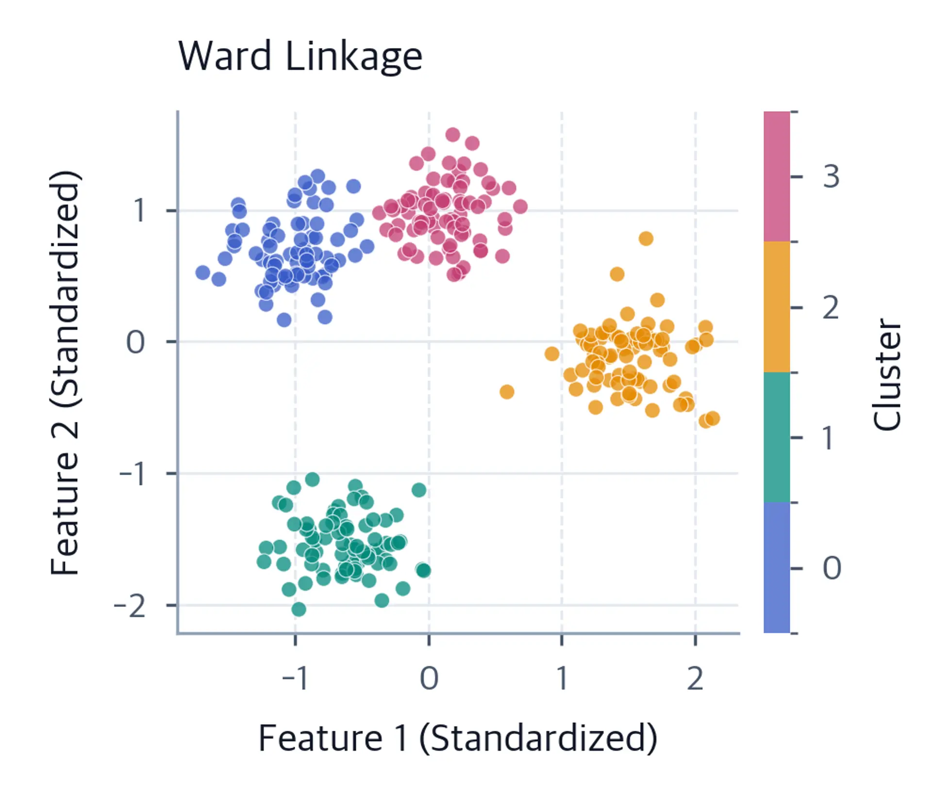 Scatter plot of standardized observations colored by Ward-linkage cluster labels, with a discrete cluster color scale.