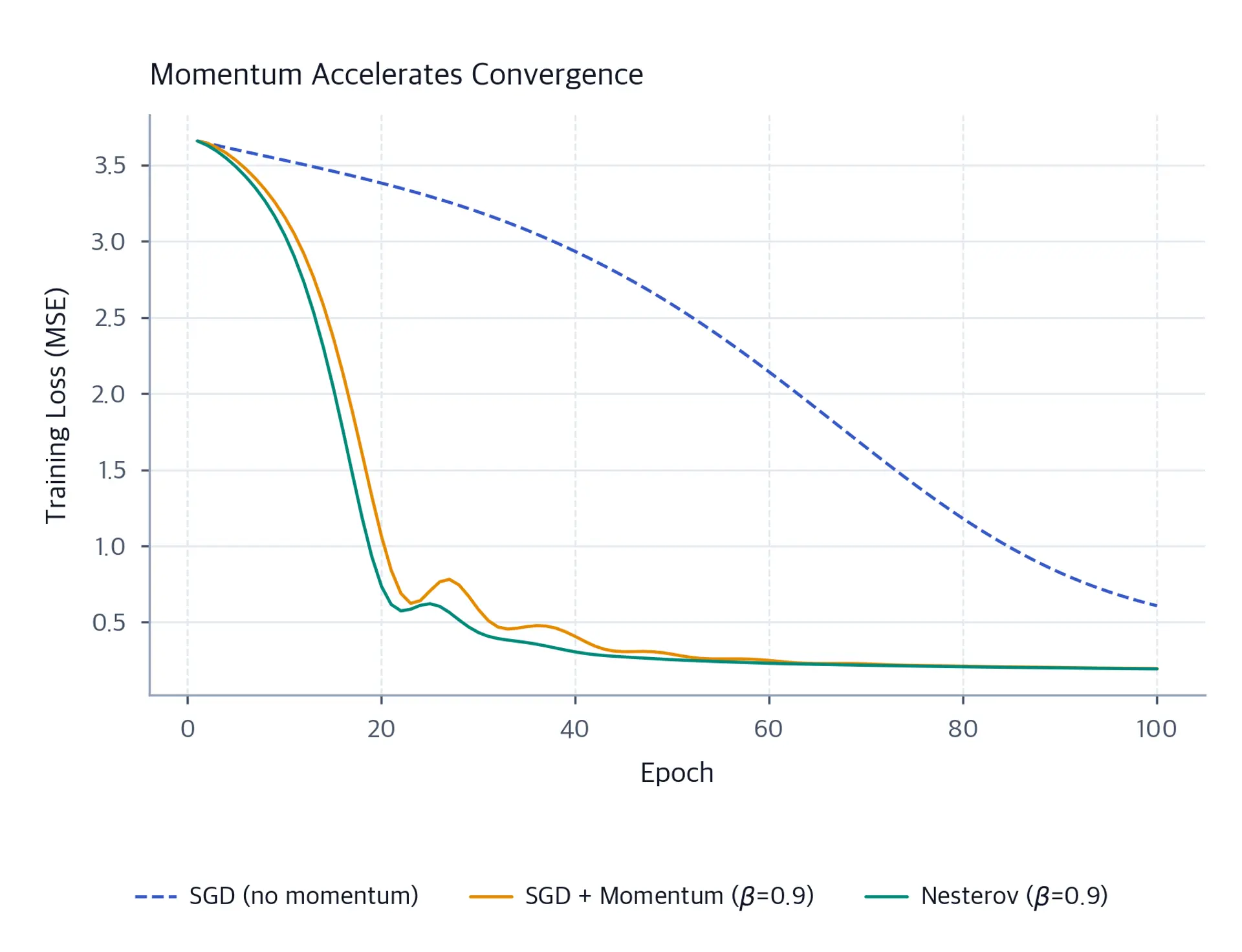 Line plot showing three training loss curves converging over 100 epochs, with momentum variants well below plain SGD.