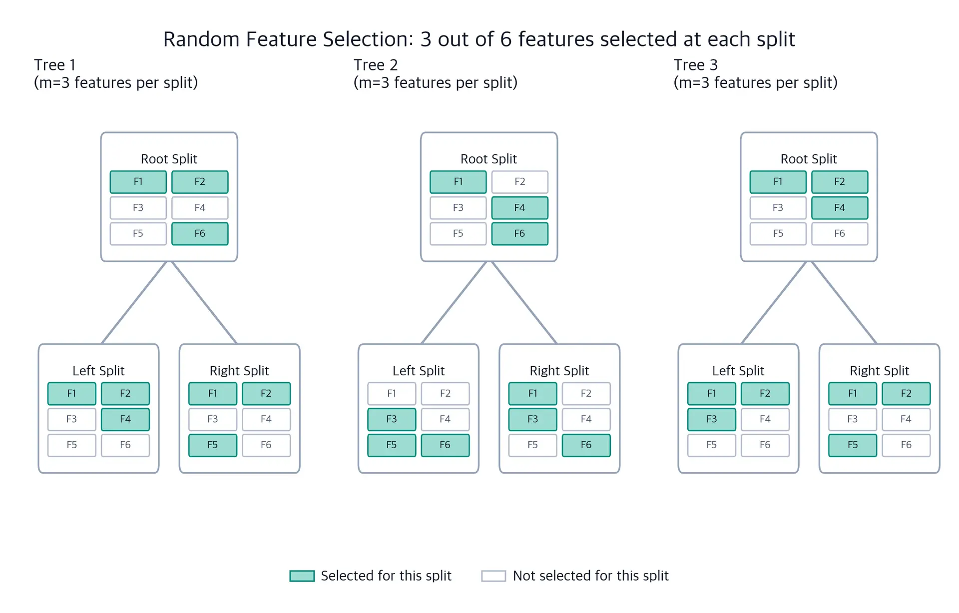 Visualization showing random feature selection in Random Forest trees.