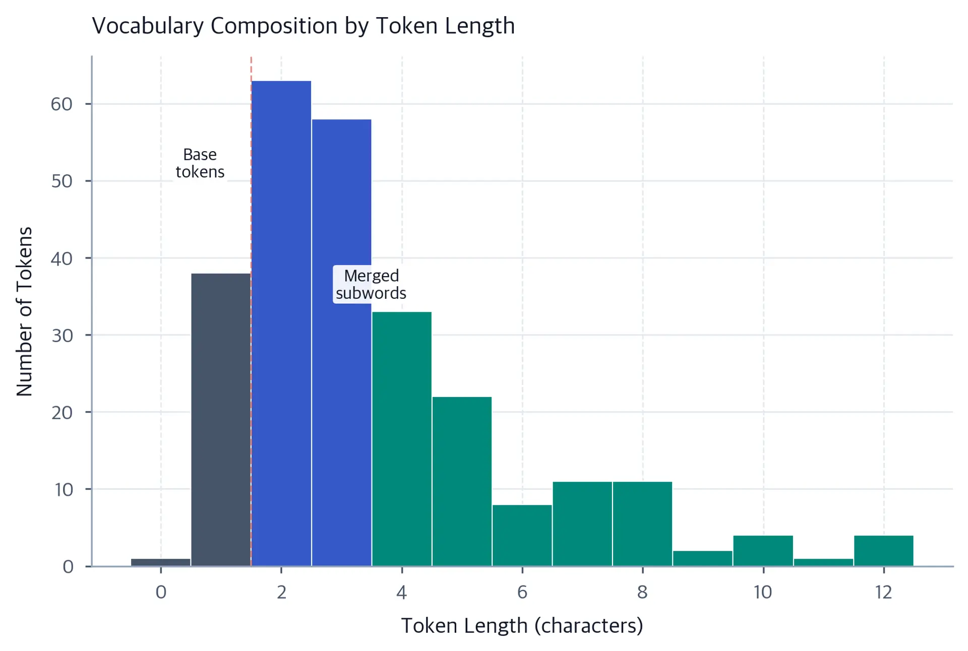 Histogram of token lengths in BPE vocabulary showing peak at 1-3 characters with a tail toward longer subwords.