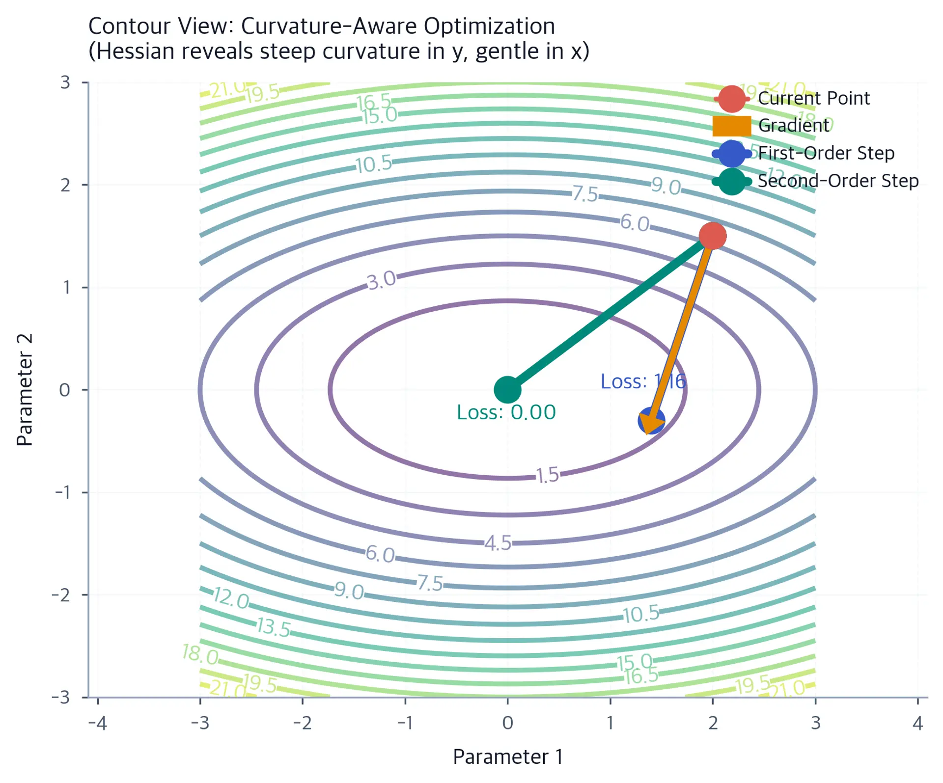 Contour plot showing optimization steps with different curvatures and step sizes.