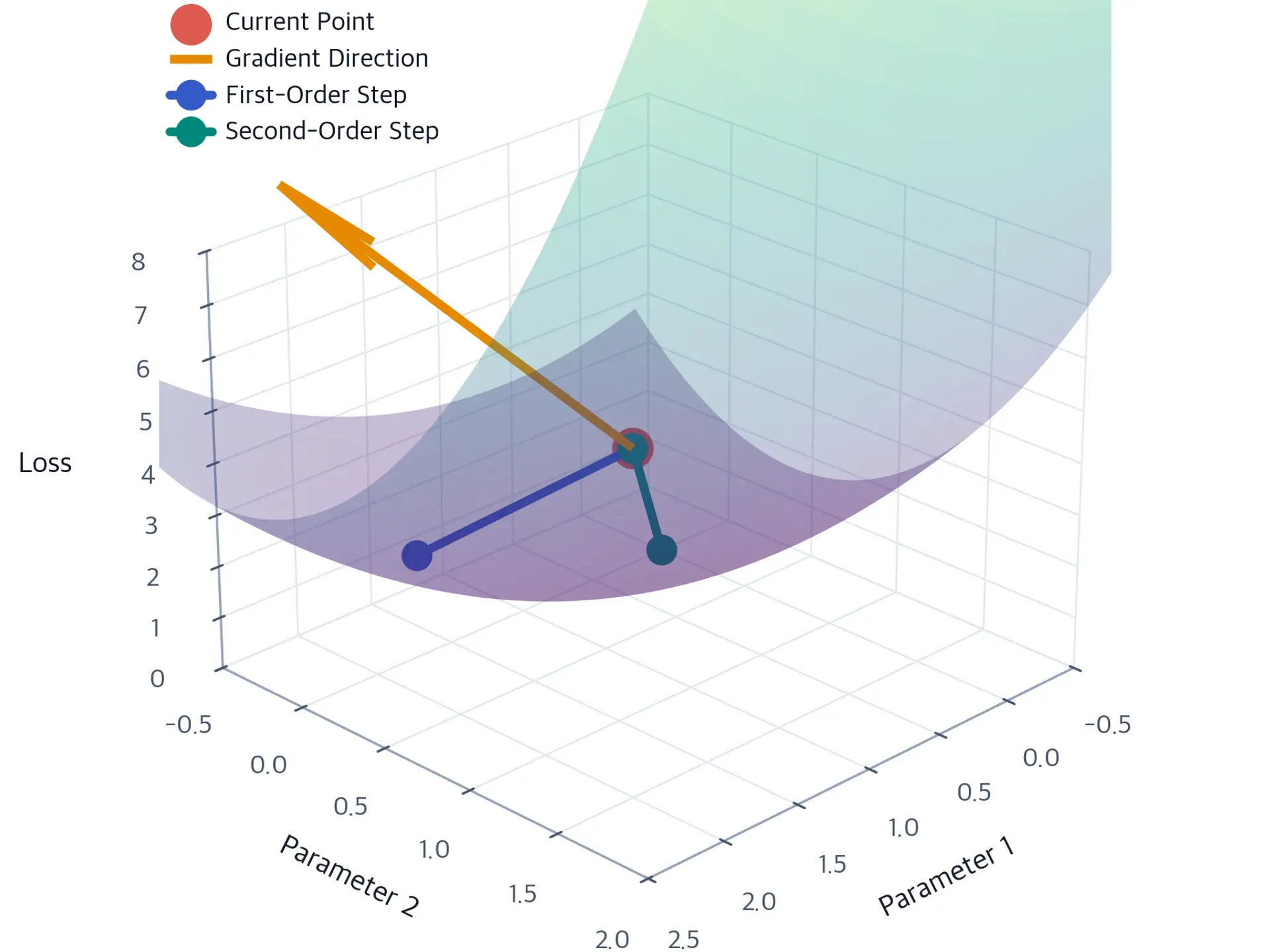 3D plot showing optimization steps on loss surface with gradient and Hessian information.