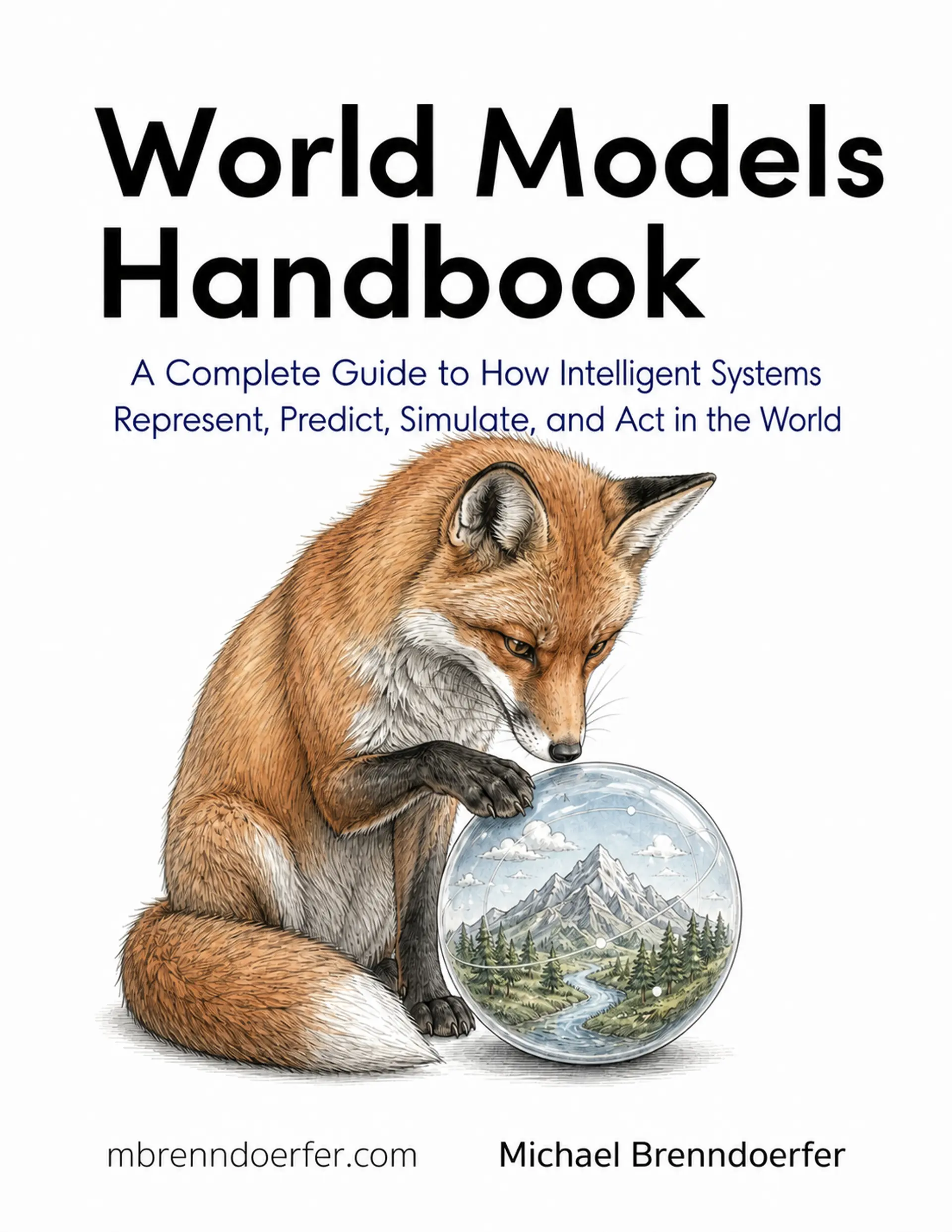 World Models Handbook cover with a fox studying a miniature world inside a transparent sphere